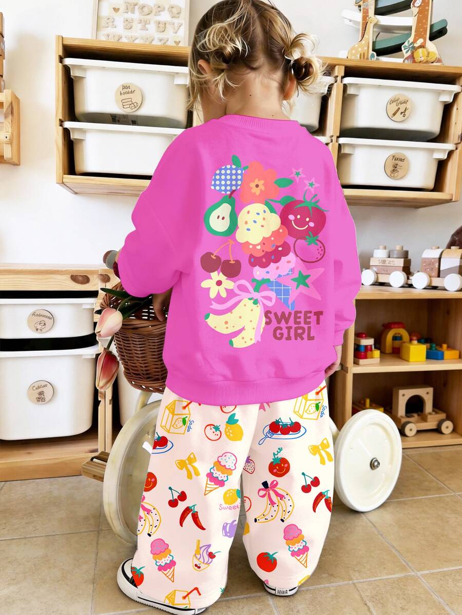 Young Girl Cute Nordic Style Dopamine Fun Fruit & Floral Pattern, Casual Loose Drop Shoulder Long Sleeve Sweatshirt & Pleated Wide Leg Sweatpants Set With Fleece Lining - Multicolor - View 1