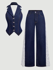 Sweetra Women's Single-Breasted Halter Neck Top And Long Pants Casual Everyday Denim Set - Blue - View 1