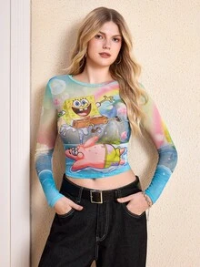 SpongeBob SquarePants | SHEIN 女款卡通印花休閒日常長袖上衣 - 淺藍色 - 查看 4