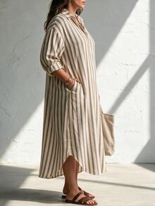 Linhara CURVE Autumn/Winter New Blue White Stripe Fashion Boho Casual Vacation Women's Long Dress Plus Size Fall - Khaki - View 4