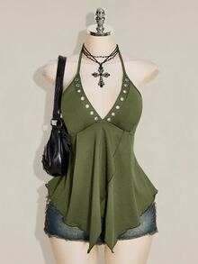 SHEIN ICON 女款性感掛脖綁帶背心，不對稱下擺 - 軍綠色 - 查看 1
