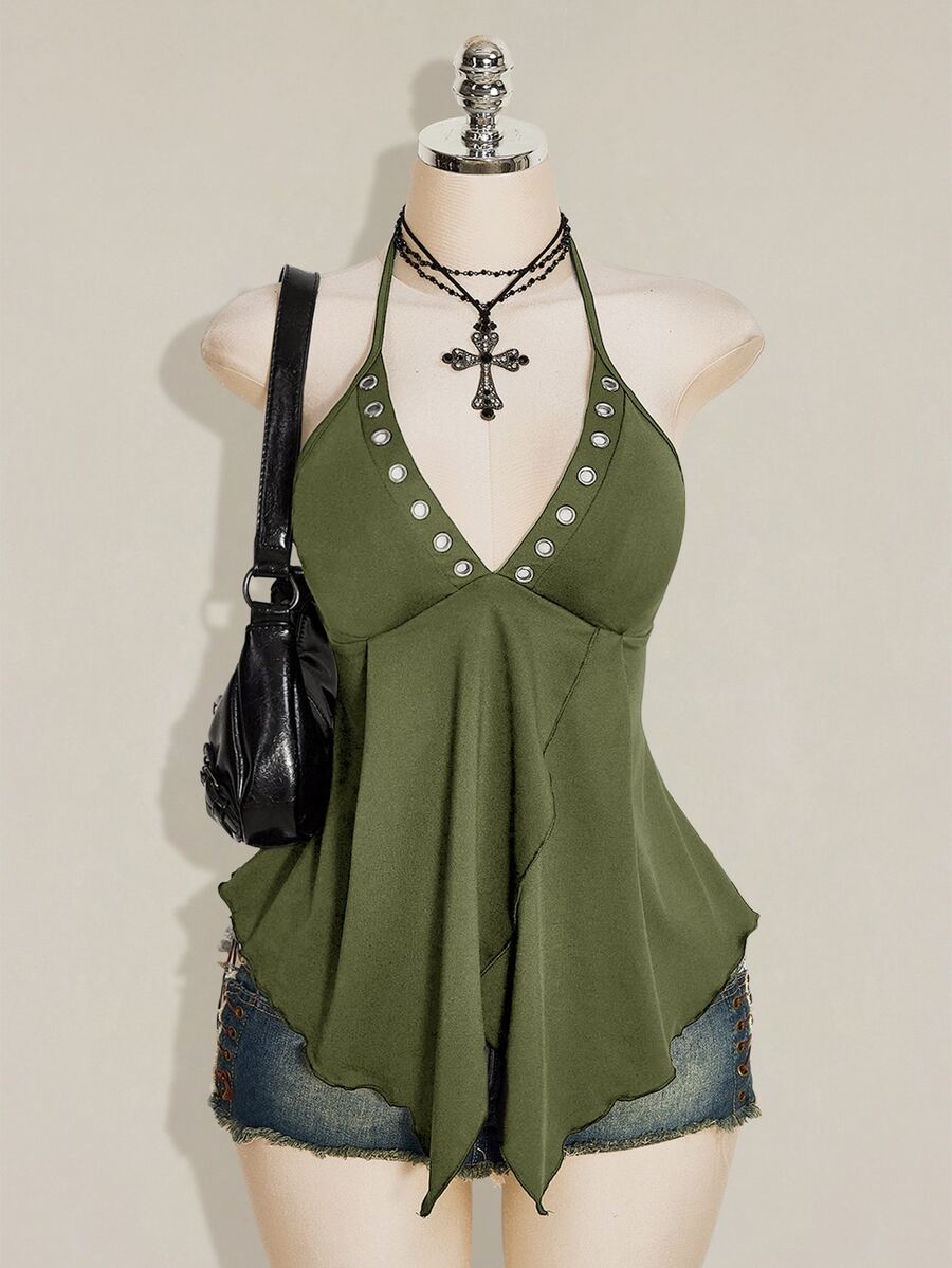 SHEIN ICON 女款性感掛脖綁帶背心,不對稱下擺 - 軍綠色 - 查看 1
