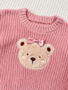 SHEIN Cute Pink Cartoon Bear Pattern Long Sleeve Autumn/Winter Sweater For Baby Girls - Dusty Pink - View 3