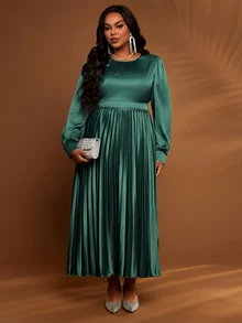 BrightlyHer Plus Size Women's Round Neck Dark Green Long Sleeve Party Wedding Formal Dress Autumn Elegant - Navy Blue - View 6