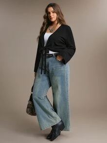 Freevana Black Tie-Front Wrap Top With Bell Sleeves, Cropped Open Cardigan, Boho Chic Layering Piece Winter - Black - View 7