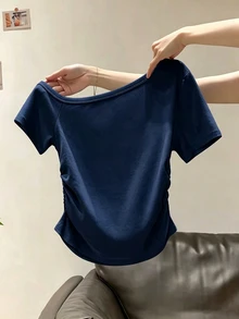 INAWLY 女款休閒不對稱領口刺繡印花短袖修身T恤 - 藏蓝色 - 查看 2