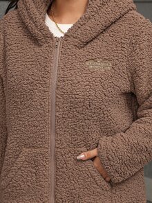 SHEIN Clasi Jaket Lengan Panjang Kasual Serbaguna Wanita Ukuran Besar Warna Polos dengan Resleting - Khaki - View 6