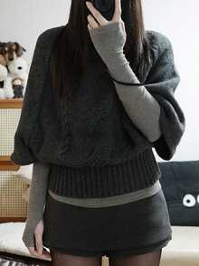 DAZY Dark Gray Cable Knit Crew Neck 2 In 1 Patchwork Loose Batwing Sleeve Long Sleeve Casual Knit Sweater - Grey - View 3