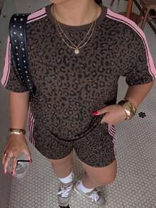 Muchica Plus Size Women Leopard Print Color Block Short Sleeve Top & Shorts 2 Pieces Set - Chocolate Brown - View 5