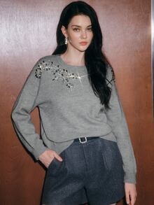 Anewsta Women's New Autumn Knit Sweater Top With Heavy Hand-Embellished Rhinestones, Round Neck Pullover - Grey - View 3