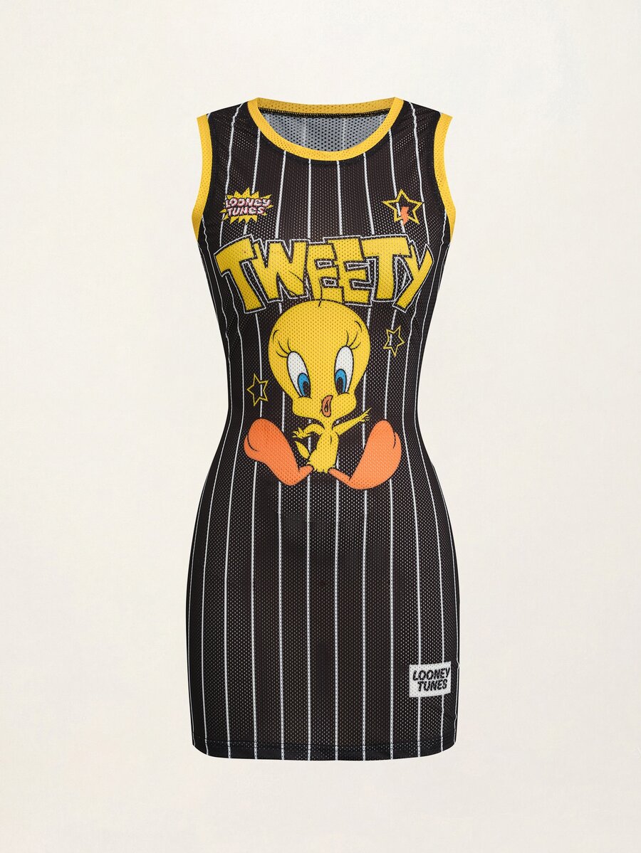 LOONEY TUNES X SHEIN Women's Cartoon Print Striped Colorblock Dress - Black - View 1