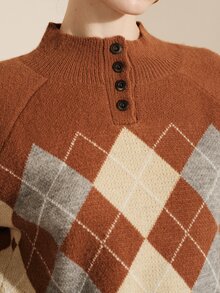 Arave Sweater Rajut Wanita Longgar Raglan Bahu Jatuh Bergaris Setengah Leher Tinggi Kancing Kontras Vintage Preppy Cokelat Beige Abu-abu Argyle Pakaian Musim Gugur Thanksgiving - MultiWarna - View 3