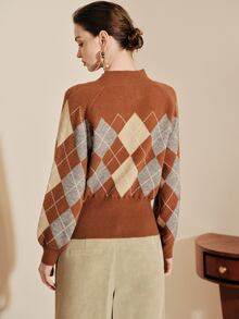 Arave Sweater Rajut Wanita Longgar Raglan Bahu Jatuh Bergaris Setengah Leher Tinggi Kancing Kontras Vintage Preppy Cokelat Beige Abu-abu Argyle Pakaian Musim Gugur Thanksgiving - MultiWarna - View 5