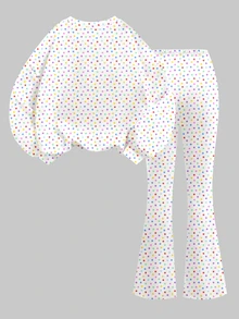 少女多巴胺彩色波點愛心卡通女孩圖案，極簡寬鬆圓領長袖衛衣與喇叭褲兩件套，適合秋冬，Y2K街頭風，度假，可愛舒適 - 彩色 - 查看 4