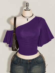 SHEIN ICON 女款性感不對稱單肩抓皺收腰上衣，適合約會穿著 - 紫色 - 查看 1