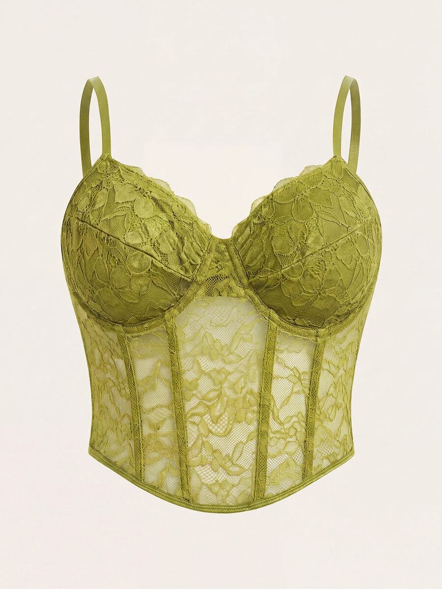 SHEIN ICON 黑色束腰式蕾絲細肩帶背心上衣 - 橄欖綠 - 查看 1