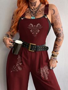 Whyspr Plus Size Wide Leg Floral Print Jumpsuit With Straps, Spring/Summer - Burgundy - View 7