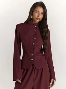 SHEIN BAE Setelan Blazer dan Celana Panjang Wanita Warna Burgundy dengan Kerah Tegak dan Bahu Lebar - Burgundy - View 5