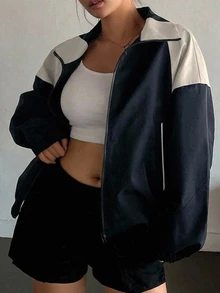 Dazy Plus Colorblock Patchwork Loose Casual Baggy Street Style Fall New Jacket Going Out Office - Navy Blue - View 6