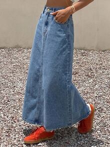 Livesso Autumn High Waist Deep Blue Washed Solid Color A-Line Flared Slim Fit Women's Denim Skirt - Light Wash - View 6