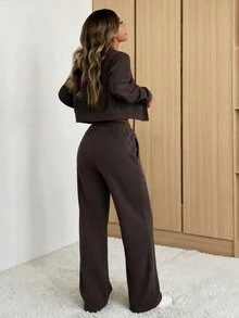 SHEIN EZwear Women's Solid Color Casual Button Long Sleeve Top And Drawstring Waist Pants Set - Brown - View 2