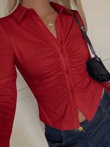 SHEIN EZwear 女士T恤 - 酒紅色 - 查看 6