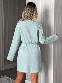 SHEIN رداء نسائي منسوج بنسيج وافل مفتوح من الأمام بأكمام طويلة مع حزام، رداء نوم خفيف وناعم وكاجوال للاسترخاء - ازرق نعناع - مشاهدة 2