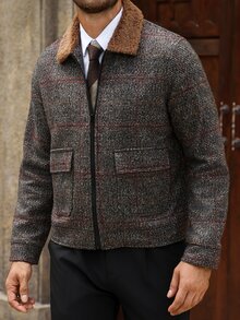Manfinity Homme 男士成熟休閒格紋短夾克，假期禮物首選 - 棕色 - 查看 3