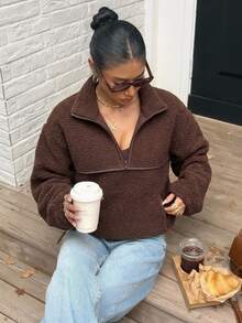 DAZY Brown Semi-High Neck Solid Color Loose Drop Shoulder Long Sleeve Casual Versatile Street Style Pullover Sweatshirt - Brown - View 5