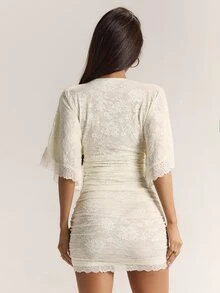 SHEIN BAE فستان نسائي ضيق مطوي بأكمام قصيرة - لون مشمشي - مشاهدة 2
