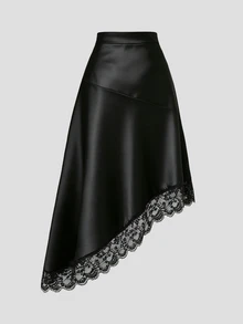 SHEIN PETITE Women's Black Elegant Casual Minimalist Commute Asymmetrical Hem Lace Trim Patchwork Skirt - Black - View 2