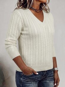 Linhara CURVE Plus Size Women's Autumn/Winter Solid Color V-Neck Long Sleeve Cable Knit Versatile Pullover Sweater - Light Yellow - View 9