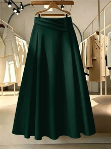 GlowEve CURVE Plus Size Women Solid Color Button Decor Pleated Elegant Skirt - Dark Green - View 3