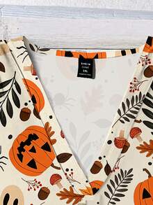 Mellowie Plus Size Halloween Pumpkin & Ghost Print Casual V-Neck Ruffle Blouse, Suitable For Summer And Parties - Multicolor - View 4