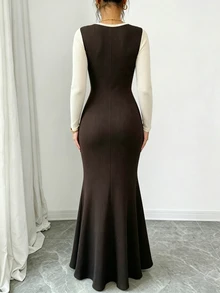 Elenzga Mature Style Slimming Ceiling Coffee & Beige Contrast Vertical Ribbed Fitted Dress, Vintage Hollow Neckline Mermaid Tail Dress - Multicolor - View 6