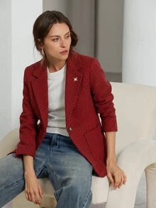 Aveloria Modichic 千鳥格翻領雙口袋西裝外套 無腰帶 工作服 - 酒紅色 - 查看 2