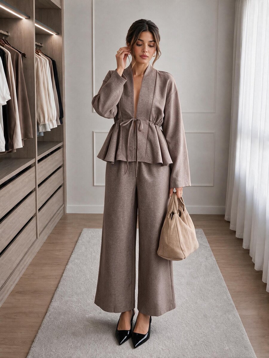 Easowa Women's Fall/Winter Sets Solid Color Pleated Long Sleeve Top And Pants Casual Elegant Daily Two Pieces Set Brunch Shades Of Brown - Khaki - View 1