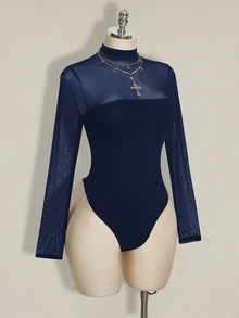 SHEIN ICON Plus Size Mesh Patchwork Y2K Sexy Bodysuit - Navy Blue - View 4