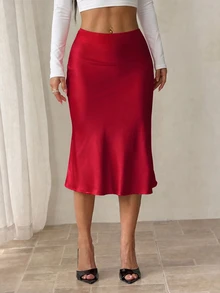 SHEIN PETITE 黑色高腰純色緞面質感裙，適合舞蹈與日常穿著 - 紅色 - 查看 4