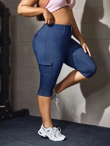 Flexra Festival Y2K Plus Size Women's Blue Stretch Sexy Tight Capris Denim Pants - Dark Wash - View 6