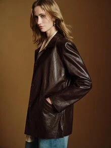 Anewsta Essential Blazer Wanita Kasual Modern Fashion Musim Gugur/Dingin, Warna Cokelat Kopi Maillard dengan Panel Struktur PU untuk Perjalanan Sehari-hari - Coffee Brown - View 3