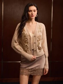 MOTF PREMIUM WOMEN'S AUTUMN/WINTER KNITTED CARDIGAN SWEATER WITH JEWELRY DECORATION - Apricot - View 4