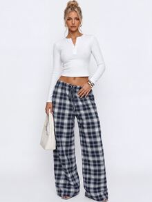 Avantive Women's Plaid Pattern Loose Casual Long Pants - Navy Blue - View 5