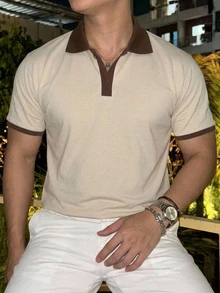 DAZY 夏季短袖米色拼接配色 Polo 領男士 T 恤 - 米色 - 查看 1