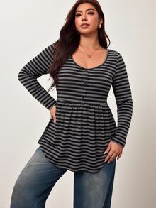 Enliva Plus Size Women's Striped Casual Everyday Stretch Long-Sleeve T-Shirt Apple,Rounded Body - Multicolor - View 5