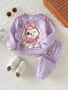 SHEIN Baby Girl Knitted Cute Cartoon Animal Pattern Crew Neck Casual Sweatshirt & Long Pants 2pcs Set Autumn/Winter - Purple - View 6