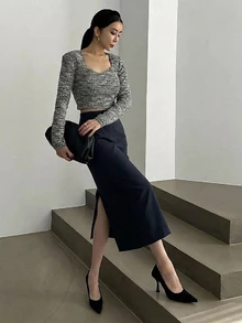 DAZY 女款直筒開衩裙，適合約會、度假、派對、日常外出、聚會、戶外活動 - 藏蓝色 - 查看 6
