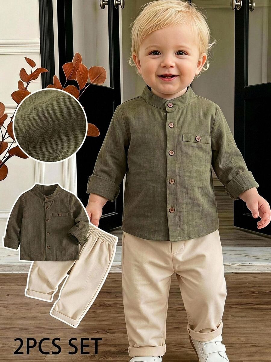 SHEIN Baby Boy Mock Neck Button Placket Shirt & Pants Set - Multicolor - View 1