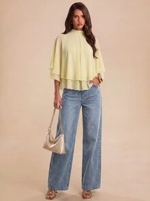 Bluhae Spring Summer Light Yellow Semi-High Neck Chiffon Cape Blouse Women Double Layer Flowy Ruffle Shawl Style Top For Outing Shopping Afternoon Tea Gentle Fairy Like Shirt - Light Yellow - View 4