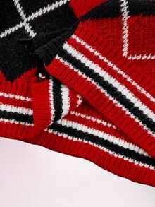 Amplova Women's Knitted Sexy Avant-Garde Plaid Collar Campus Style Outfit Suitable For Back To School Season - Red - View 3